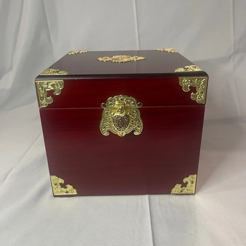 Korean Wooden Jewelry Box Mahogany Finish Gold Brass Hardware Calligraphy Lining